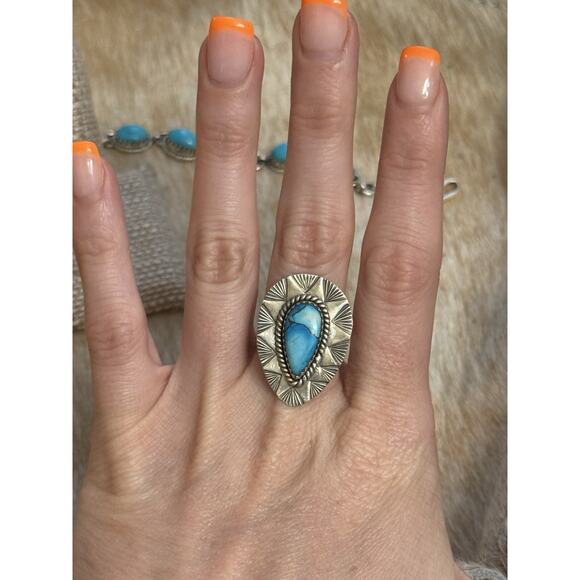 Native American SW Sterling Silver Blue Ice Dahlia Tear Drop Ring Adj🩵Stamped - Picture 1 of 10
